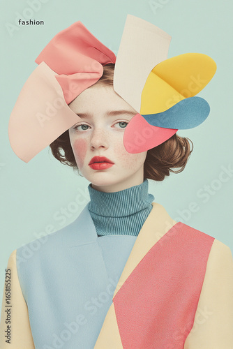 Fashion model posing with colorful paper shapes and pastel clothes
