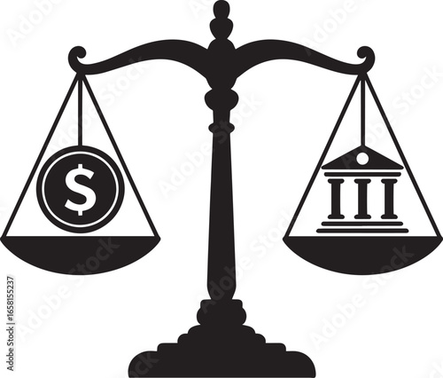 Scales of Justice with Money and Bank Silhouette Symbolizing Finance and Law on Transparent Backdrop
