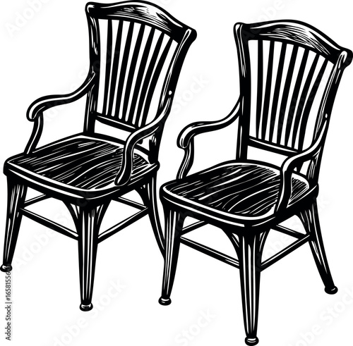 Two vintage wooden armchairs in detailed black and white woodcut style