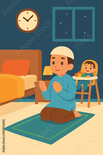 Muslim Father Praying at Home While Child Watching from A Baby Chair