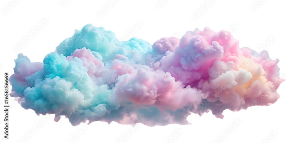 Fototapeta premium Vibrant multicolored cloud formation with turquoise, purple, pink, and orange hues blending together, isolated on a transparent background