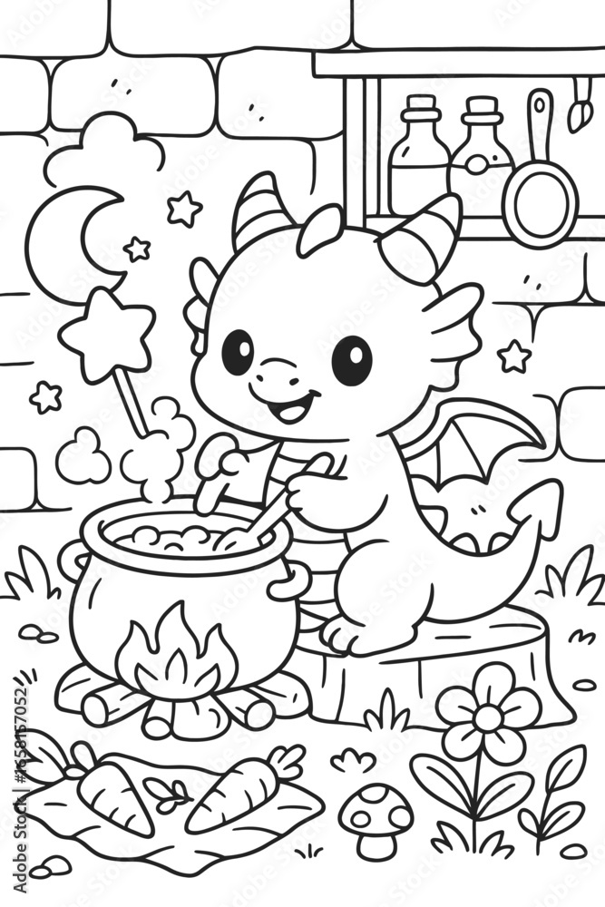 Fototapeta premium Cute baby dragon stirring potion in cauldron with magic wand illustration