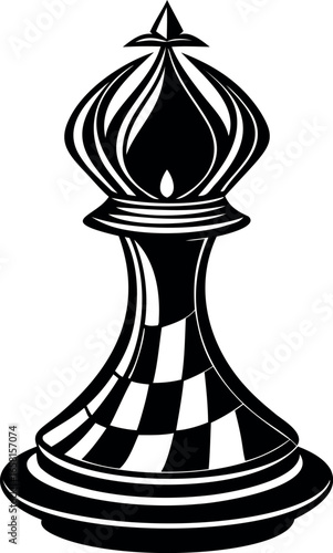 Detailed black and white illustration of a chess bishop with checkerboard pattern