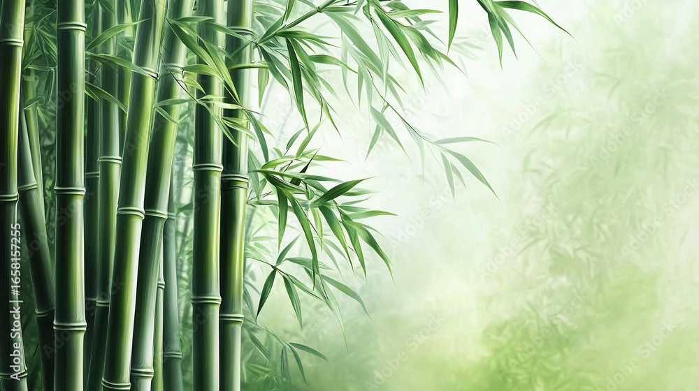 Fototapeta premium Lush green bamboo grove with soft lighting.
