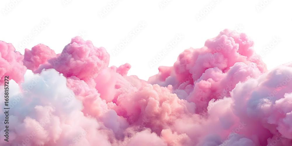 Fototapeta premium Vibrant pink and purple cloud masses with dramatic coloring and billowing cumulus formations above, isolated on a transparent background