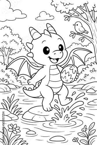 Cute baby dragon walking on water with an egg in a forest coloring page