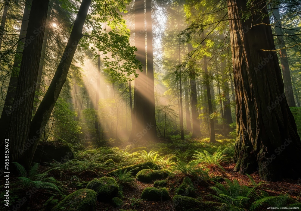 Obraz premium Forest waterfall surrounded by trees and mist in sunlight