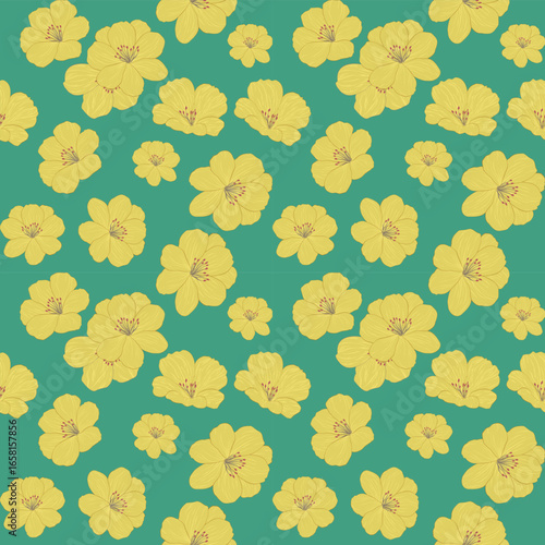 Beautiful seamless floral pattern featuring bright yellow blossoms on a fresh green background. Perfect for textile prints, wrapping paper, wallpaper, stationery, and decorative design projects.