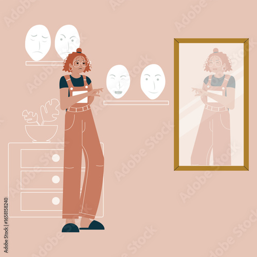 An illustration of a woman looking at her reflection, confused while choosing a mask with a different emotion (happy, sad, angry) from a shelf
