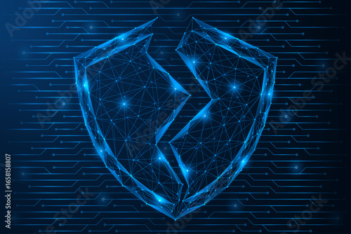 Digital vulnerability of systems. A shield that is split into two parts on the background of the tracks of the board. A symbol of cyber threats, security breaches, and cybersecurity breaches.