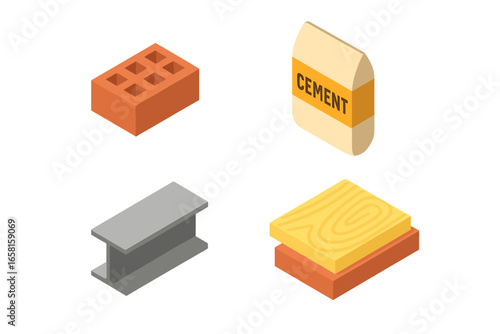 Building materials isometric icon set. Construction industry elements. Vector illustration of brick, cement bag, steel beam, and wood plank. Flat 3d design for infographics.