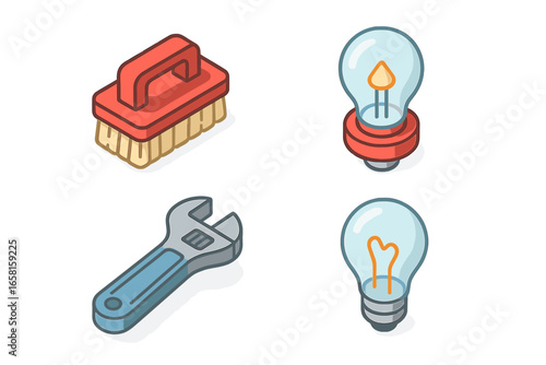 Buoy maintenance isometric icon set. Nautical safety and navigation equipment repair tools. Cleaning brush, adjustable wrench, spare light bulbs. Maritime service vector design.