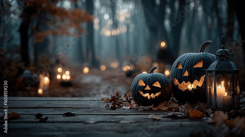 Halloween pumpkins on a wooden table with a blurred backgrond