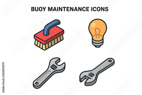 Buoy maintenance isometric icon set. Maritime repair and cleaning tools for sea navigation markers. Vector symbols of scrub brush, light bulb, and adjustable spanner.