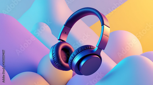 Stylish over ear headphones levitate in vibrant dreamlike colorful pastel surroundings with soft lighting