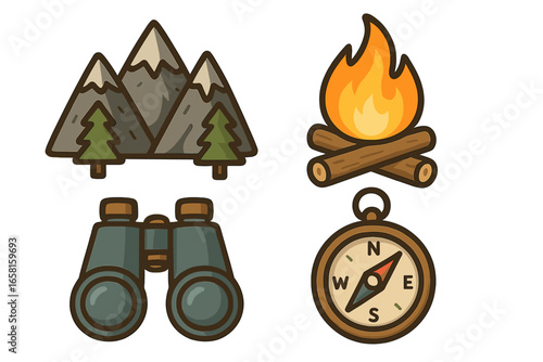 Camping icons set for outdoor adventure and hiking. Vector gear collection with mountains, campfire, binoculars, compass. Concept for travel, tourism, exploration, and survival.