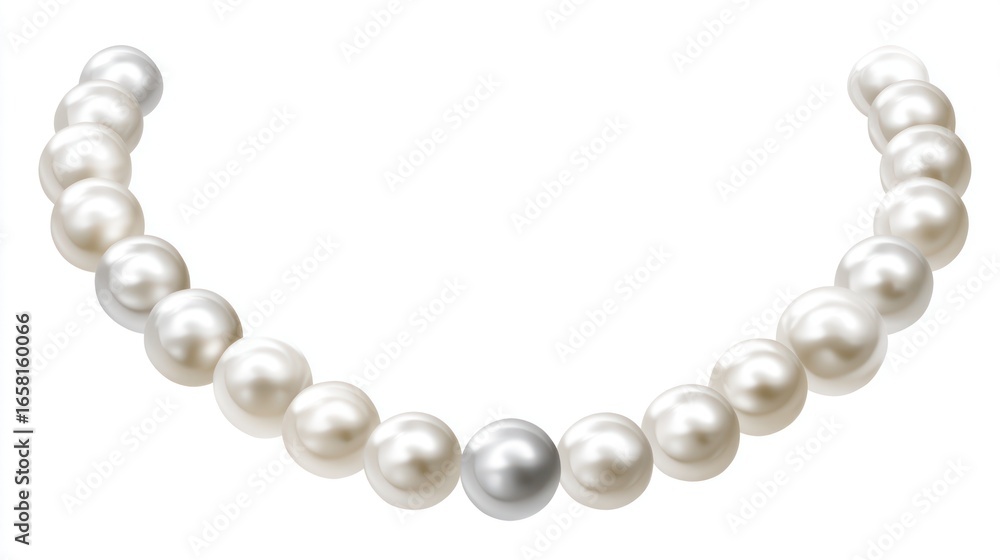 Obraz premium A crescent-shaped necklace of lustrous, creamy white pearls, punctuated by a single, larger grey pearl at its center, set against a plain white background