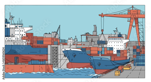 Busy Port Scene with Cargo Ships and Cranes Unloading Containers under a Clear Blue Sky in Vector Style