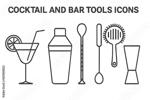 Cocktail and bar tools icon set. Linear vector illustration of mixology essentials. Bartender equipment with shaker, jigger, strainer, spoon, glass. Outline drink icons.