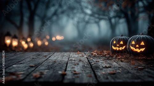 Halloween pumpkins on a wooden table with a blurred backgrond