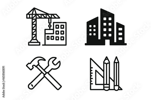 Construction and building icon set. Vector outline and silhouette symbols for architecture, real estate, and engineering. Crane, skyscraper, hammer, wrench, pencil and ruler icons.