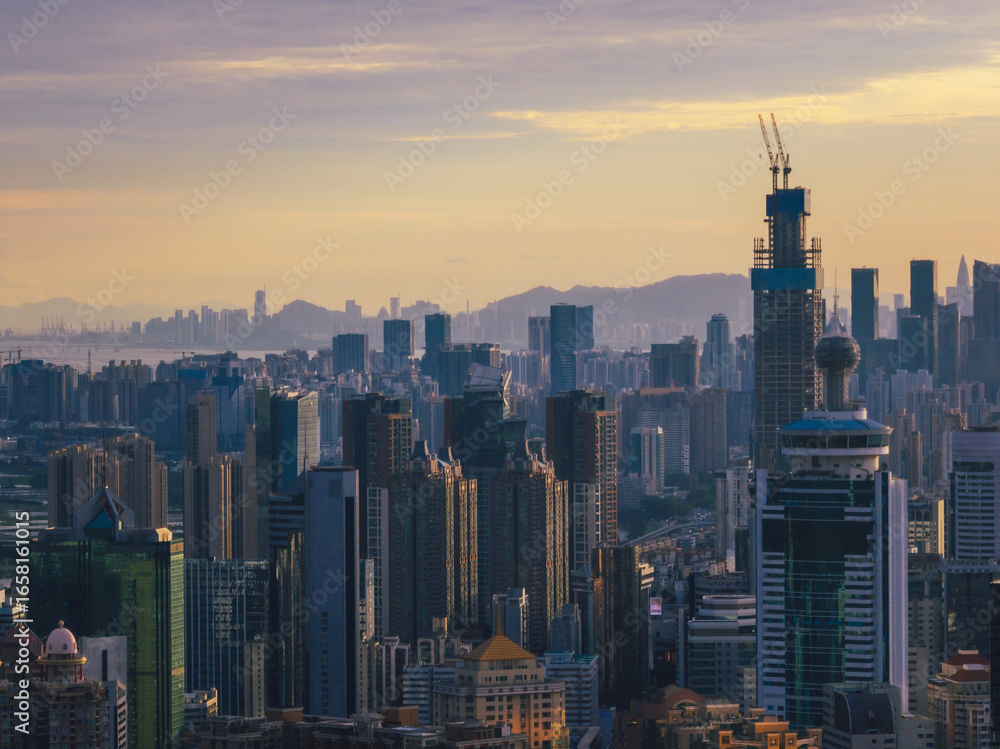 Obraz premium Shenzhen ,China - July 14, 2022: Aerial view of landsccape in Shenzhen city, China