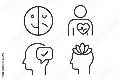 Emotional health outline icons set. Bipolar disorder, mood swing face. Wellness, psychology, positive thinking symbols. Mindfulness, meditation, mental peace lotus. Vector pack.