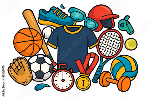 Vibrant cartoon vector illustration of colorful sports equipment, athletic apparel, fitness accessories, and gear for team and individual sports on transparent background for creative design concepts