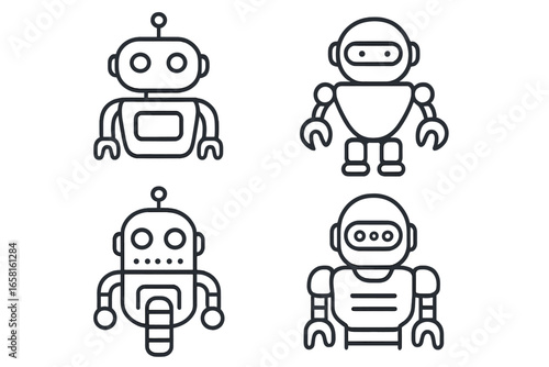 Robot outline icon set. Collection of four futuristic android character pictograms. Linear vector symbols for AI, technology, machine learning. Simple bot, cyborg illustration.