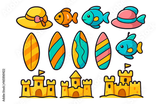 Vibrant summer beach icon set. Colorful cartoon vector collection with sun hats, tropical fish, surfboards, sandcastles. Isolated fun vacation & travel graphic elements.