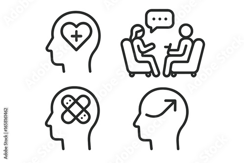Mental health outline icons set. Psychology, therapy, wellness and recovery concept. Head with heart, healing bandage, growth arrow and counseling session symbols. Vector graphics.