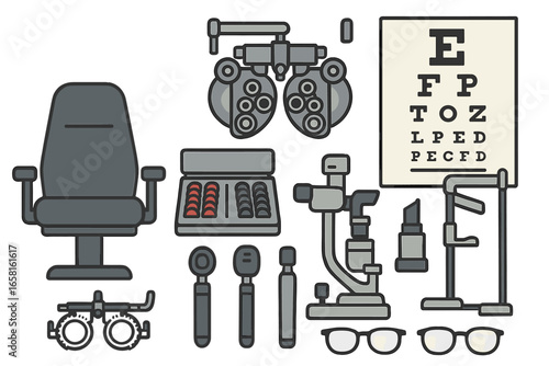 Optometry tools and ophthalmology equipment set. Vector icons for eye examination, vision test, and healthcare. Phoropter, eye chart, trial lenses, and glasses illustration.