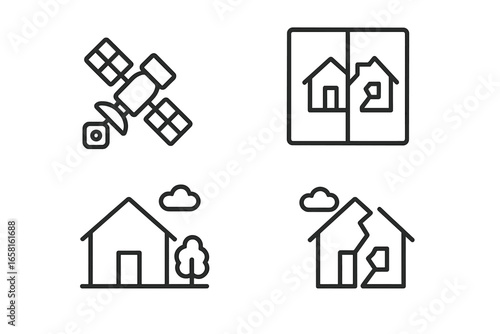 Satellite damage assessment icons. Before and after view of property destruction. Natural disaster monitoring, earthquake, flood, insurance claim vector line illustration pictogram set.
