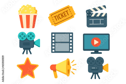 Cinema and movie icon set. Flat vector illustration of film industry symbols. Includes popcorn, ticket, clapperboard, camera, play button, star, and megaphone. Entertainment concept.