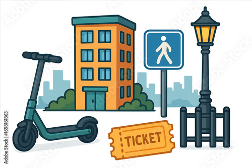 Urban life vector icon set. City elements collection with electric scooter, building, street light, and pedestrian sign. Modern mobility and transport concept. Flat cartoon style.