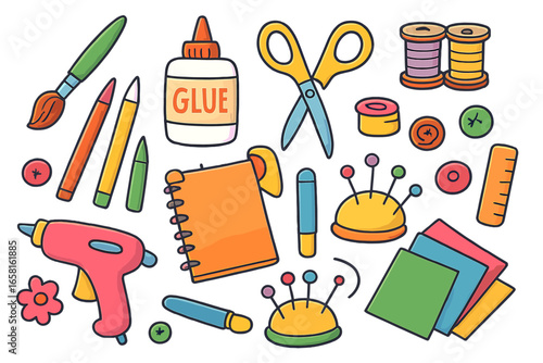 Colorful craft supplies and tools for creative projects. Cartoon vector illustration of scissors, glue, notebook, fabric, threads, ruler, paintbrush, pens, pins, buttons. Art materials for DIY crafts.