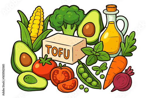 Vibrant cartoon vector illustration of plant-based foods and ingredients including tofu, avocado, vegetables, olive oil, and herbs. Healthy vegan nutrition concept. Fresh cooking elements for diet.