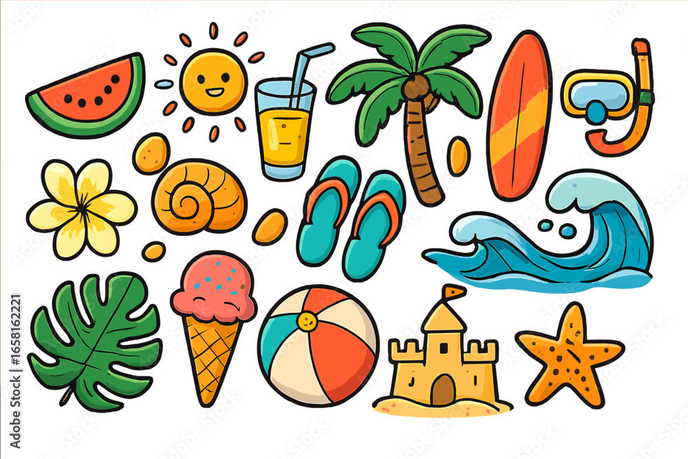Naklejka premium Vibrant summer vector cartoon icons set with tropical beach elements, fun holiday activities, palm tree, surfboard, snorkeling, sandcastle, wave, sun, ice cream, watermelon, flip flops, flower, leaf