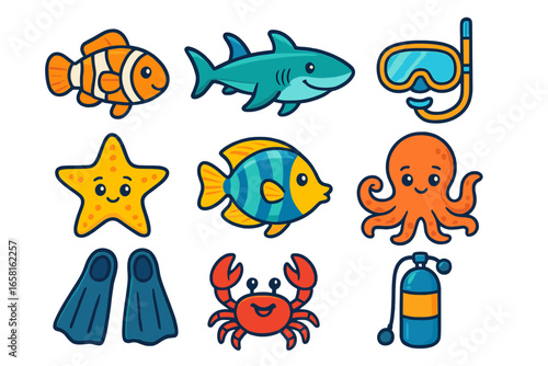 Cute cartoon sea animal and diving equipment icon set. Vector collection of marine life including fish, shark, octopus, crab. Snorkel, fins, and scuba gear for summer vacation.