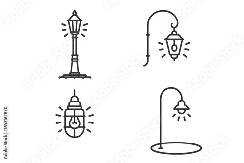 Street lamp icon set. Outline vector collection of vintage and modern lampposts. Urban city light, classic lantern, and sidewalk lighting elements for design illustration.