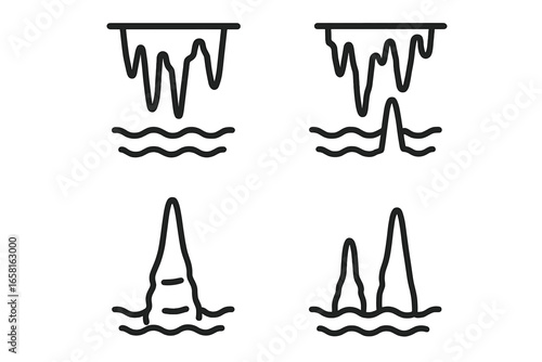 Submerged cave formations line icon set. Speleothem vector graphics. Underwater cavern with stalactites and stalagmites. Geology concept outline icons for nature exploration.