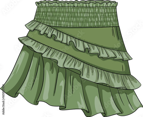 Green ruffled tiered skirt with smocked waistband illustration fashion clothing