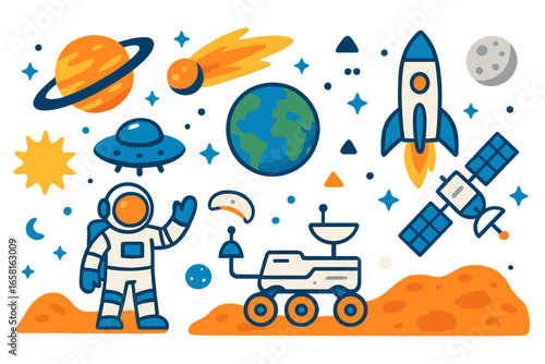 Space exploration vector illustration with astronaut, rocket, satellite, rover, planets, comet, UFO, sun, earth, moon, stars, and technological elements in flat cartoon style