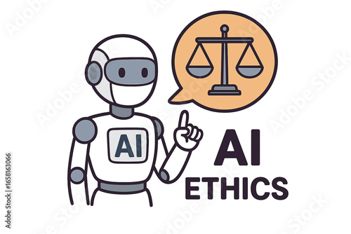 AI Ethics Legal Balance Concept. Artificial Intelligence Robot with Scales of Justice Speech Bubble. Technology Responsibility, Morality, Law, Trust, Machine Learning Governance. Vector Illustration.