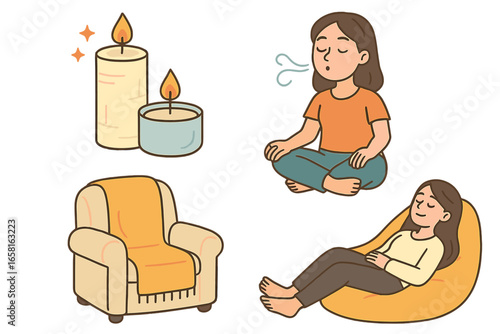 Relaxation Activities at Home Vector Illustration – Meditation Breathing, Aromatherapy Candles, Comfortable Armchair and Bean Bag, Wellness, Self Care, Stress Relief, Calm, Cozy Interior Design