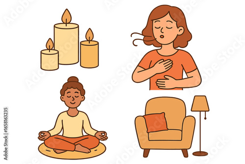 Relaxation Activities Vector Set, Cozy Home Scene with Candles, Breathing Exercises, Meditation, Comfortable Chair, Stress Relief, Calm Mindfulness Practices, Wellness Interior Cartoon Illustration