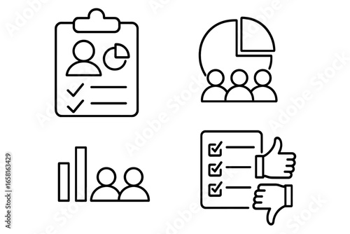 Team performance review icon set. Employee evaluation, HR analytics, and staff feedback concepts. Business report vector icons: clipboard, chart, checklist, survey, like and dislike.