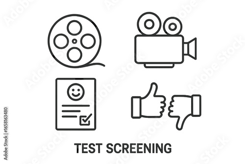 Test screening outline icon set. Film feedback, movie review, audience opinion, cinema survey, like and dislike rating. Film reel, projector, feedback form vector icons.