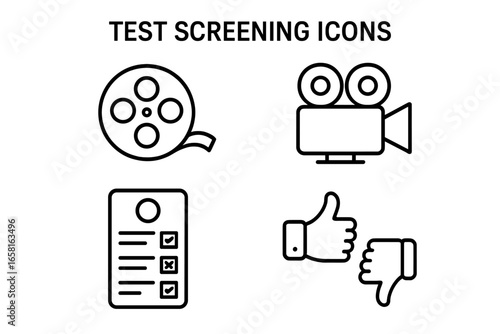 Test screening icons for film feedback and movie analysis. Outline vector set with film reel, camera, audience survey form, and thumbs up and down for rating and review.