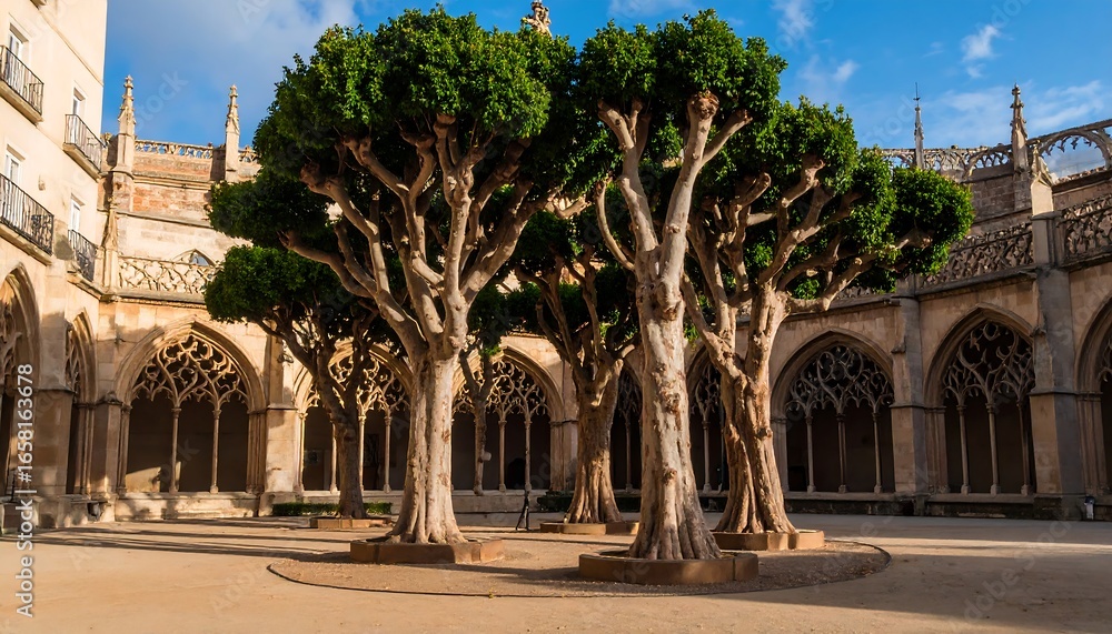 Obraz premium Sunny courtyard with pruned trees